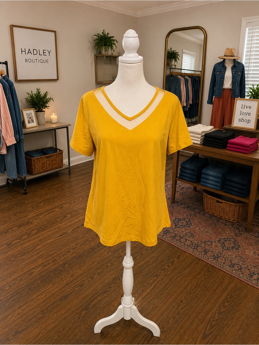 Tickled Teal Yellow Cutout Neck Top Large Soft Stretch Short Sleeve NWT
